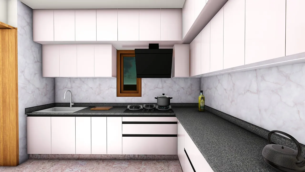White L-shaped modular kitchen with marble backsplash and granite counter, Bangalore