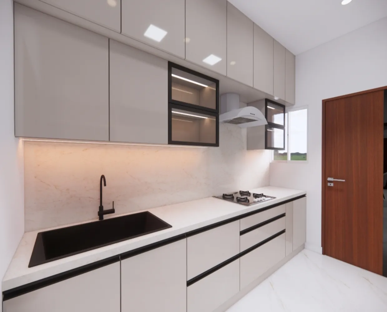Modular kitchen with marble backsplash and tall storage units built by Sri Balaji Home Interiors in Bangalore